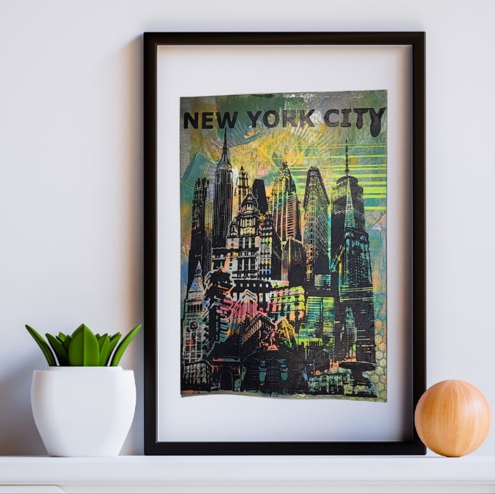 One-of-a-kind! 'NYC Skyline' Monoprint Poster. 19 x 13". Multi-color